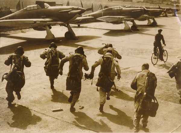 Pilots running to their aircraft, Battle of Britain, 1940. Artist: Unknown