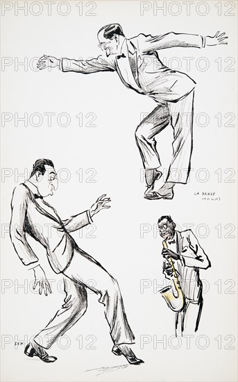 Two gentlemen in black tie perform La Danse Havas to the saxophone, from 'White Bottoms' pub. 1927.