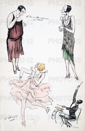 Two transvestites in discussion while a further dances to a musician on the drums, from 'White Botto