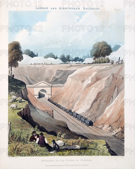 Entrance to the Tunnel at Watford, published 1837 (hand coloured engraving)