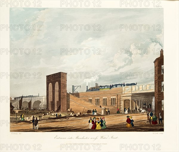 Entrance into Manchester Across Water Street, published 1831 (hand coloured engraving)