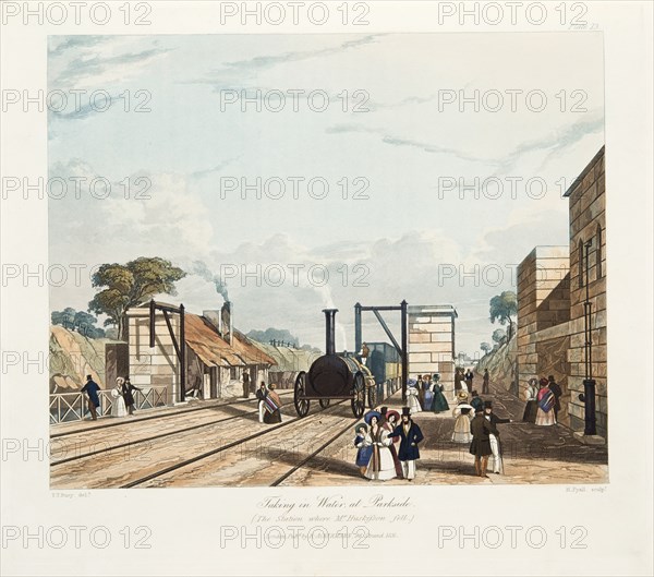 'Taking in Water at Parkside', Liverpool and Manchester Railway, 1833. Creator: Thomas Talbot Bury.