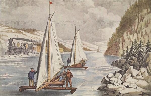 Ice-Boat Race on the Hudson, pub. C. 1855, Currier & Ives (Colour Lithograph)