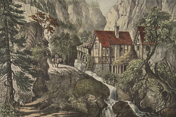 Puzzle Picture - Old Swiss Mill, pub. 1872, Currier & Ives (Colour Lithograph)