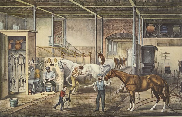 'Trotting Cracks' At Home, A Model Stable, pub. 1868, Currier & Ives (Colour Lithograph)