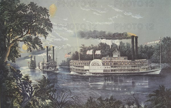 Rounding A Bend On The Mississippi, Steamboat Queen of the West,  pub. 1866