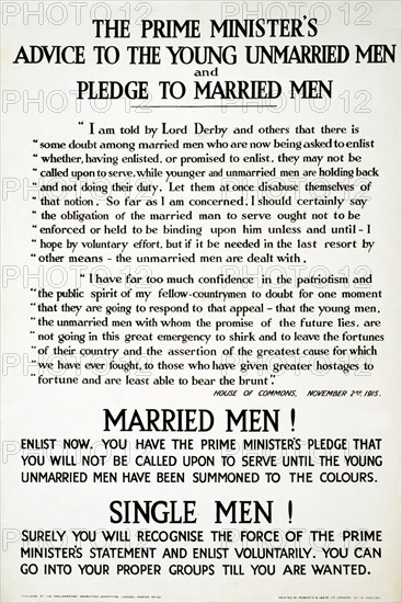 Recruitment Poster The Prime Minister's Advise to the Young Unmarried Men and Pledge to Married Men