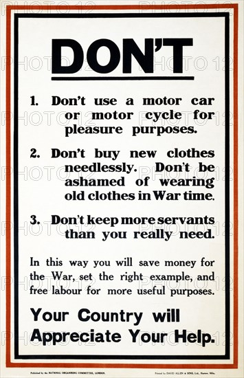 WW1 Poster appealing to the public to support the war effort by being frugal, 1917.