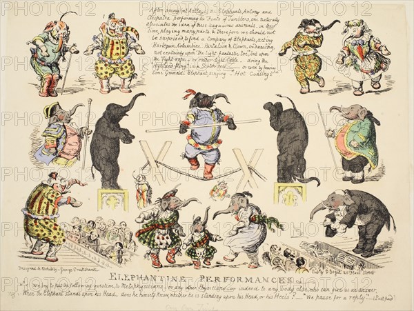 Elephantine Performances, pub. C. 1854 (hand coloured etching)