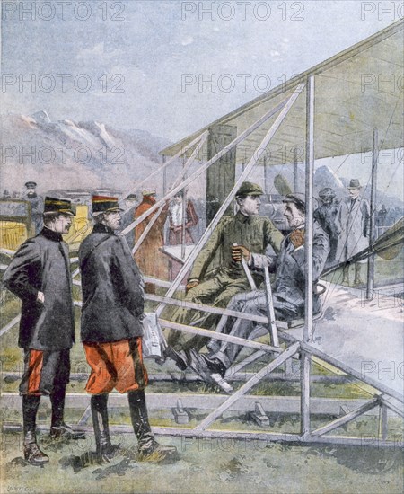 Wilbur Wright showing the King of Spain how is plane operates, from Petit Journal pub. March 1909 (c