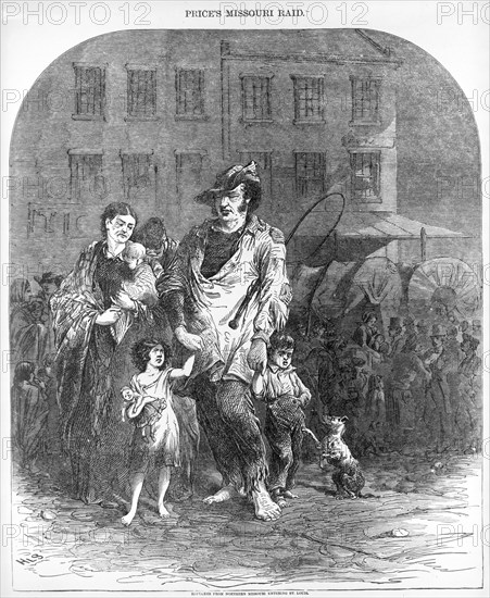 Refugees from Northern Missouri entering St. Louis , from Harper's Weekly, pub. 1894 (engraving)