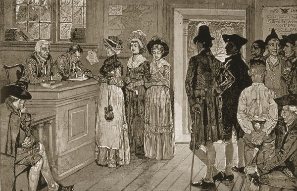Women at the Polls in New Jersey in the Good Old TImes, from Harper's Weekly, pub. 1880 (lithograph)