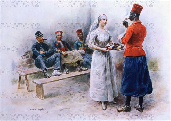 The Favourite Nurse with Zouaves and Soldiers during WWI, 1915 (Colour Lithograph)