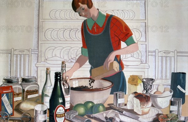 Making the Empire Christmas Pudding, c. 1920'S  (colour lithograph) Artist: FC Harrison.