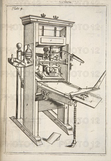 The Printing Press, pub. 1683 (engraving). Creator: English School (17th Century).