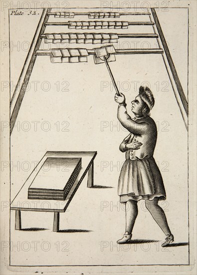 The Pressman Hanging Paper, pub. 1683 (engraving). Creator: English School (17th Century).