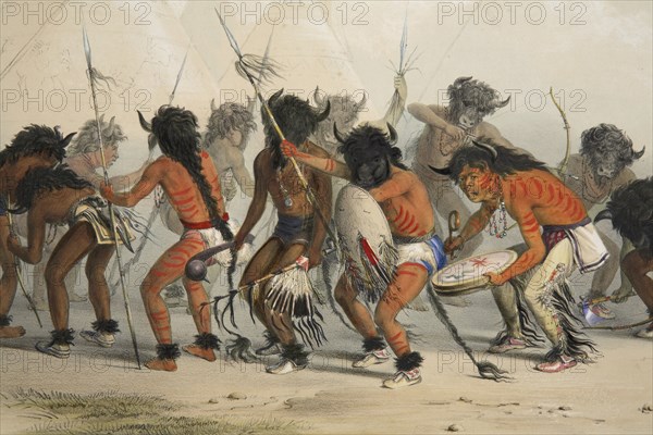 Buffalo Dance (detail), pub. 1845 (colour lithograph). Creator: George Catlin (1796 - 1872).