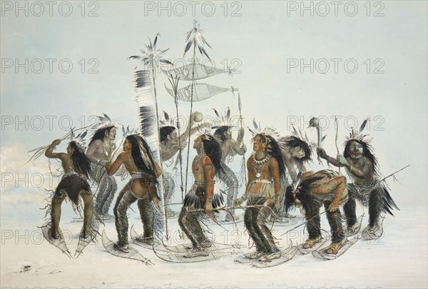 The Snow Shoe Dance, pub. 1845 (colour lithograph). Creator: George Catlin (1796 - 1872).