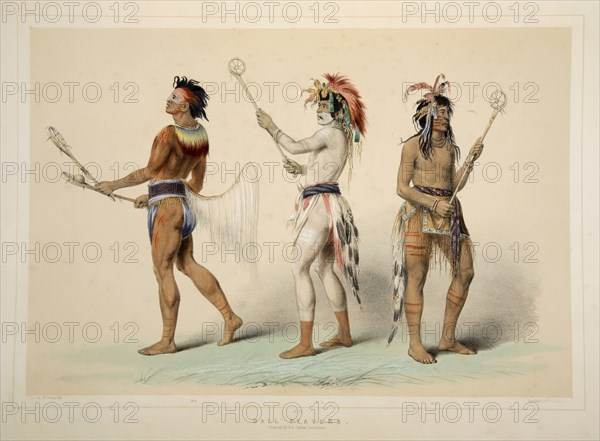 Ball Players, pub. 1845 (colour lithograph). Creator: George Catlin (1796 - 1872).