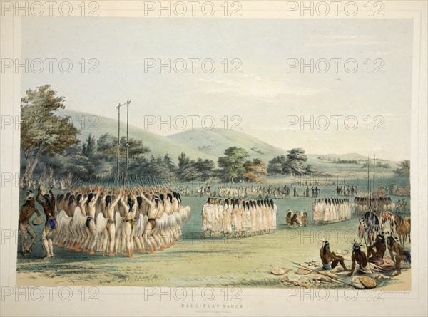 Ball-Player Dance, pub. 1845 (colour lithograph). Creator: George Catlin (1796 - 1872).