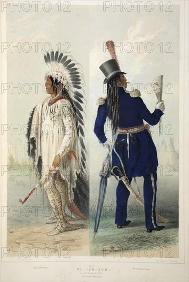 Wi-Jun-Jon, an Assinneboin Chief, pub. 1845 (colour lithograph). Creator: George Catlin (1796 - 1872).