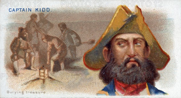 Cigarette Card Captain Kidd, Burying Treasure, pub. 1888 (colour lithograph). Creator: American School (19th Century).