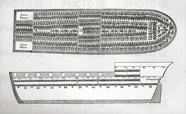 Plan showing how Slaves were transported on board a Slave Ship in the 18th Century (engraving). Creator: English School (18th Century).