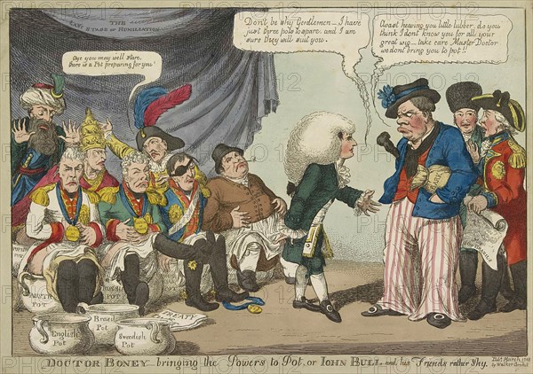 Doctor Boney_bringing the Powers to Pot ..., 1808 (hand coloured engraving). Creator: English School (19th Century).