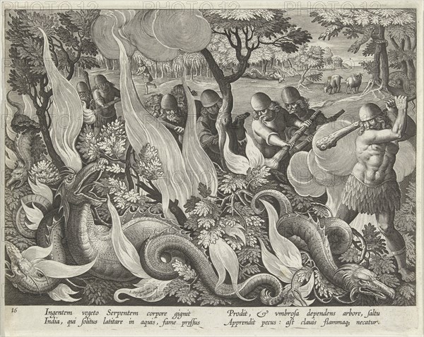 Catching Serpents in India Using Clubs and Torches to Light the Undergrowth, pub. 1640 (engraving). Creator: Straet, Jan van der (Joannes Stradanus) (1523-1605).