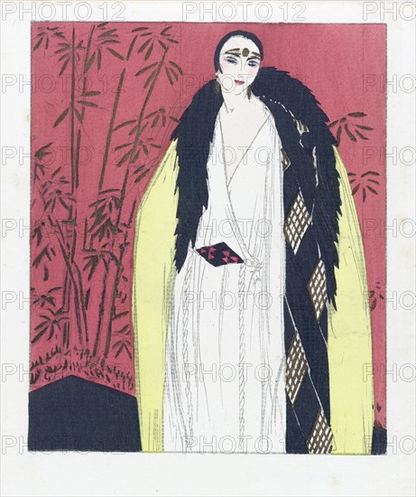 Design for an Evening dress with Fur Trimmed Cape, pub. 1924 (pochoir print). Creator: French School (20th Century).