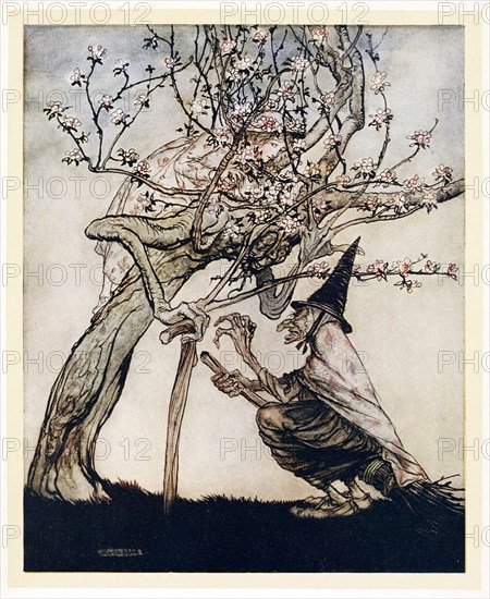 Tree of Mine! O tree of mine! Have you seen my naughty little maid?, English Fairy Tales, pub 1922. Creator: Arthur Rackham (1867 - 1939).