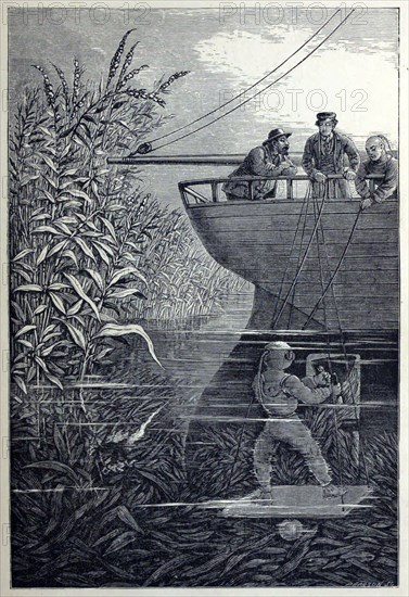 Clearing the Screw, from Under the Waves, or Diving in Deep Waters, pub. 1887. Creator: English School (19th Century).