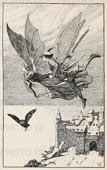 The travelling companion flew behind her, from Fairy Tales from Hans Anderson, pub 1919. Creator: Gordon Browne (1858 - 1932).