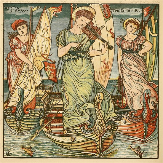 I Saw Three Ships, from Walter Crane's Painting Book, pub.  1889 (colour lithograph), 1889. Creator: Walter Crane (1845 - 1915).