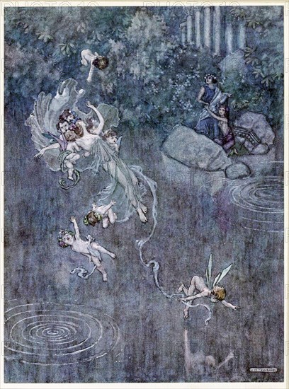 Oberon:  and make him with fair Aegle break his faith, from, A Midsummer Night's Dream, pub. 1914. Creator: William Heath Robinson (1872 - 1944).