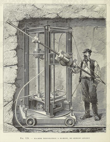 Diamond Drilling Machine designed by Georges Leschot, pub. 1883 (engraving), 1883. Creator: Unknown.