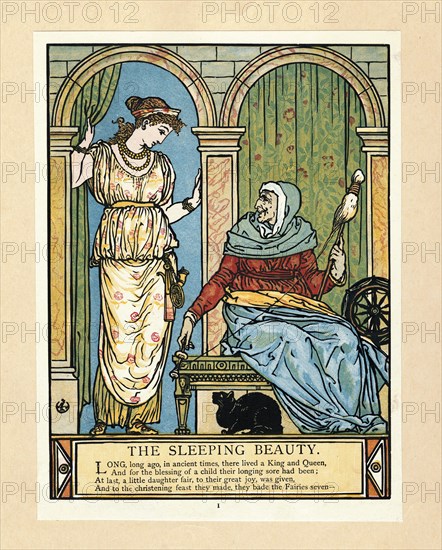 The Princess learns to spin, from The Blue Beard Picture Book, pub. 1879 (colour lithograph), 1879. Creator: Walter Crane (1845 - 1915).