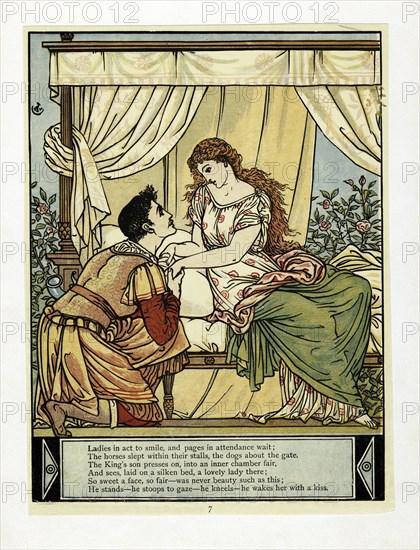 The Prince wakes Beauty, from The Blue Beard Picture Book, pub. 1879 (colour lithograph), 1879. Creator: Walter Crane (1845 - 1915).