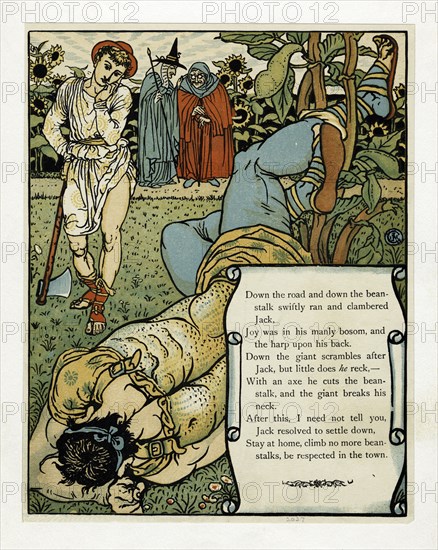 The giant breaks his neck', from The Blue Beard Picture Book, pub. 1879 (colour lithograph), 1879. Creator: Walter Crane (1845 - 1915).