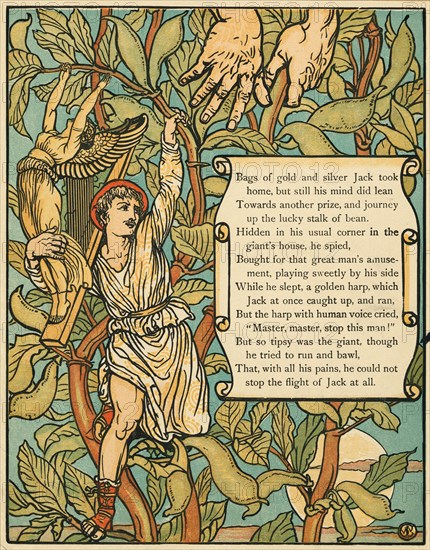 Jack descending the Beanstalk from Jack and the Beanstalk pub. 1875 (colour lithograph), 1875. Creator: Walter Crane (1845 - 1915).