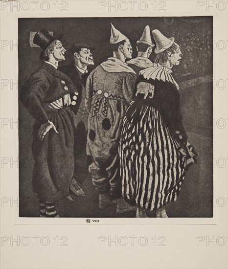 Five Clowns, pub. 1926. Creator: Laura Knight (1877 - 1970).