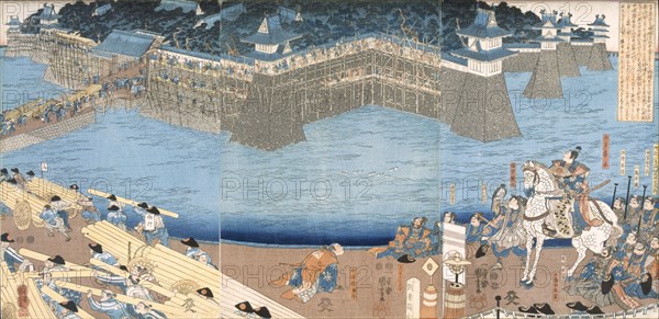 Triptych showing a fort being built by River Kunigos, Edo period (1603-1868). Creator: Japanese School (Edo Period).