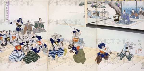 Warlord watches Samurai practising their Swordplay, 19th Century. Creator: Japanese School (19th century).