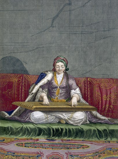 Turkish girl playing a keyboard plucking instrument, pub. 1707-08. Creator: Charles de Ferriol (1652-1722).