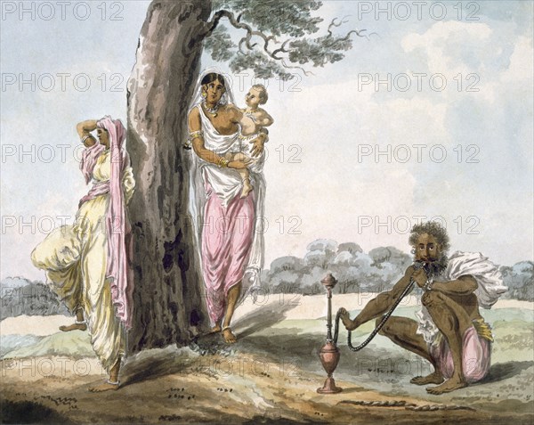 Family: Man smoking a hookah and girl doing Yoga, c1850. Creator: Indian School (19th Century).