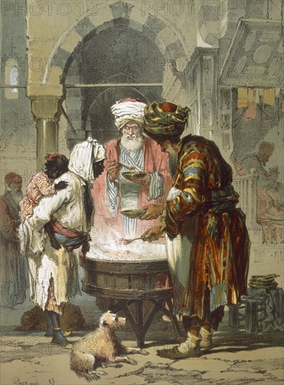 Woman at a street fountain (Sebil), pub. 1865. Creator: Amadeo Preziosi (1816-82).