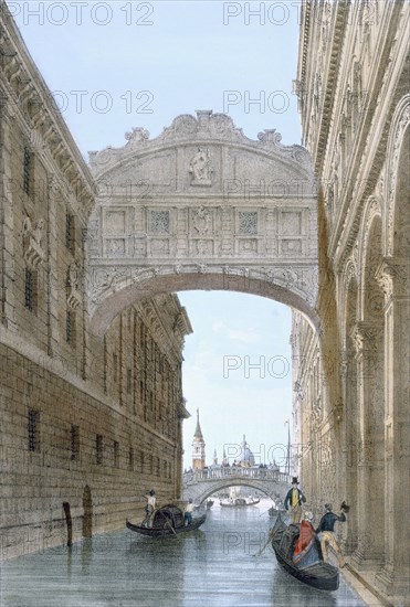 Gondolas passing under the Bridge of Sighs, c1850. Creator: Giovanni Battista Cecchini (1804-79).