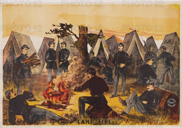 Camp Fire, pub. c1865 (colour lithograph) Creator: American School (19th Century).