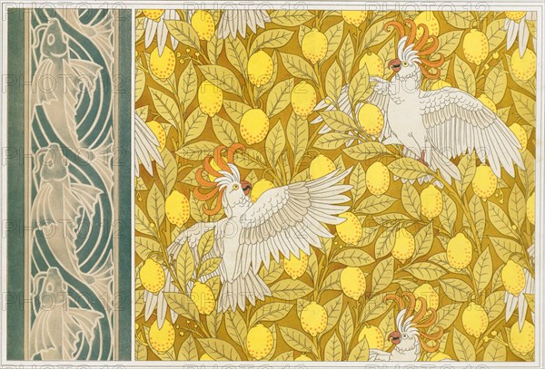 Design for Wallpaper "Cockatoos with Lemons" and Wallpaper Border with "Flying Fish", pub. 1897. Creator: Maurice Pillard Verneuil (1869?1942).