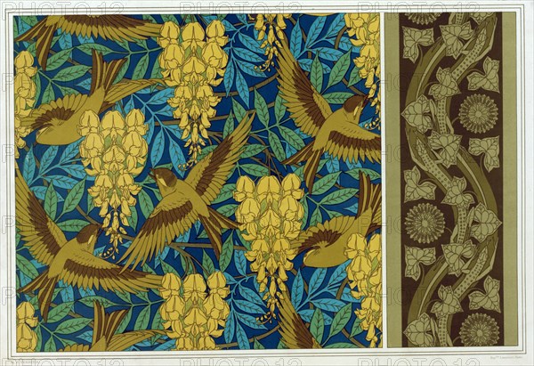 Designs for Birds and Wisteria Hanging and wallpaper border with Lizards and Ivy, pub. 1897. Creator: Maurice Pillard Verneuil (1869?1942).